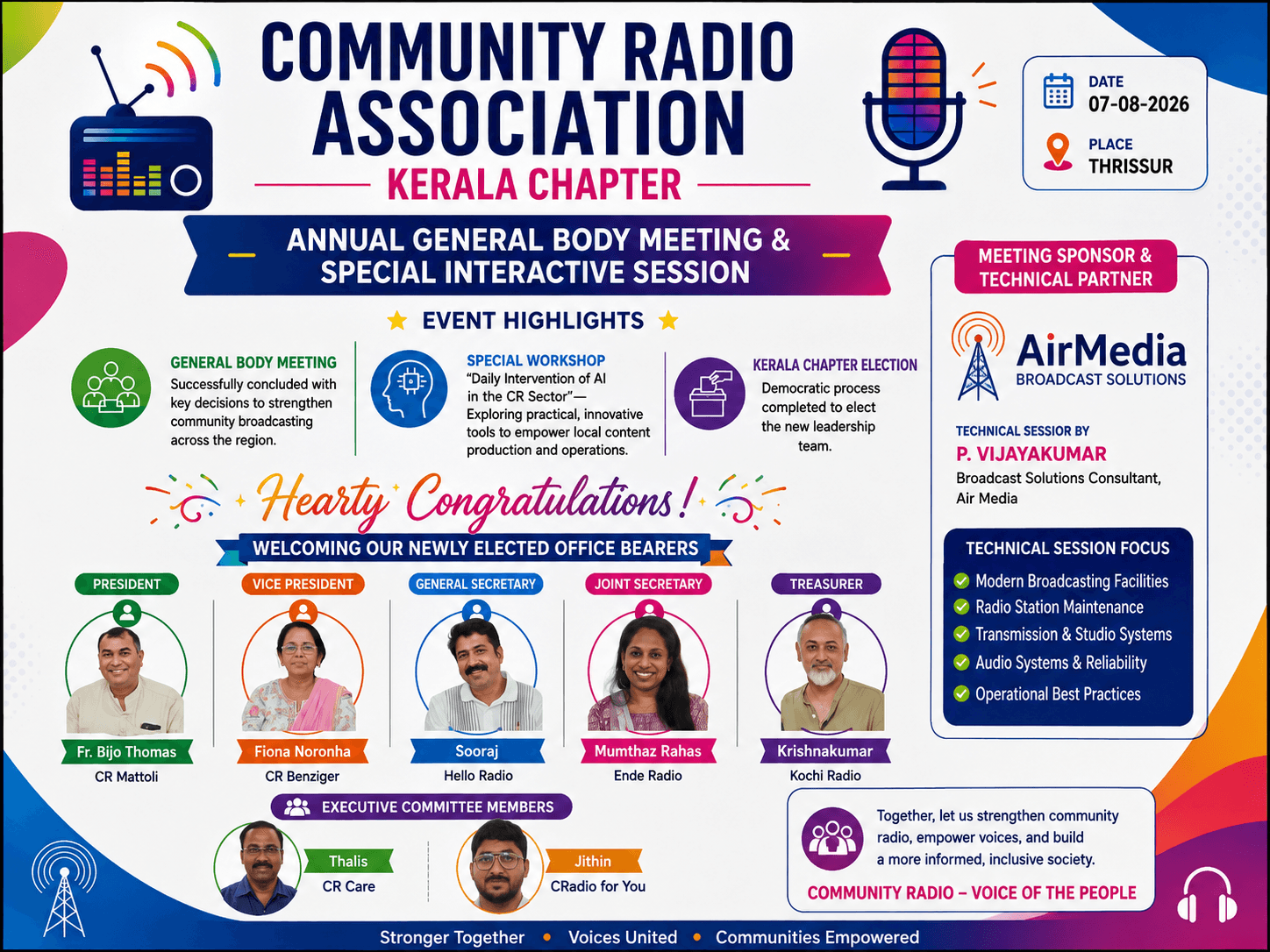 done with Annual General Body Meeting of the Community Radio Association (CRACK) Kerala Chapter in Thrissur.Broadcasting And Technical training session conducted By Vijayakumar Airmedia Broadcast