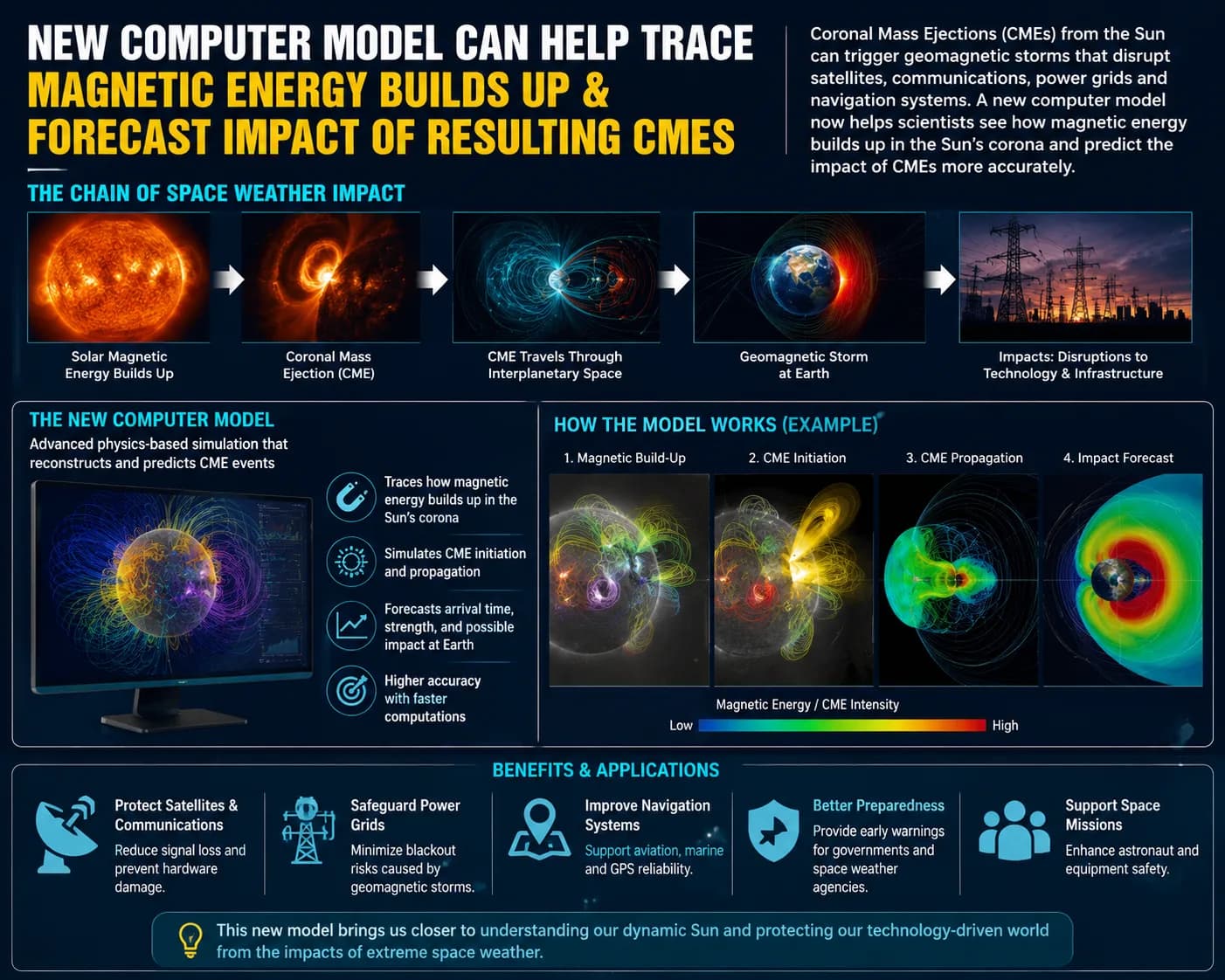 New computer model can help trace magnetic energy builds up & forecast impact of resulting CMEs