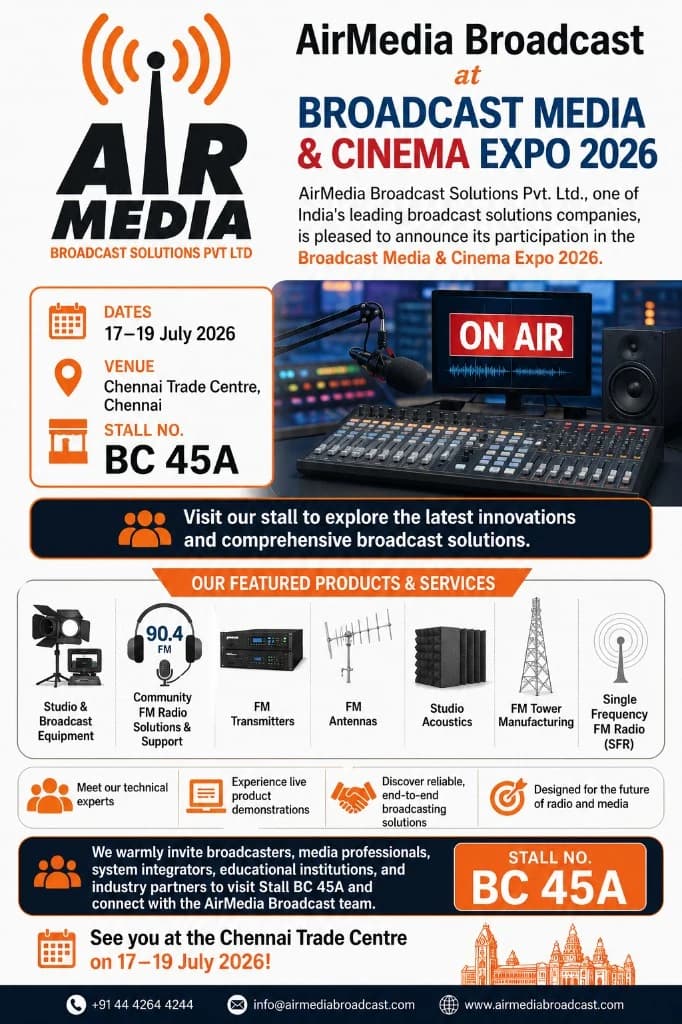 AirMedia Broadcast at Broadcast Media & Cinema Expo 2026 — Stall BC 45A, Chennai Trade Centre, 17–19 July 2026